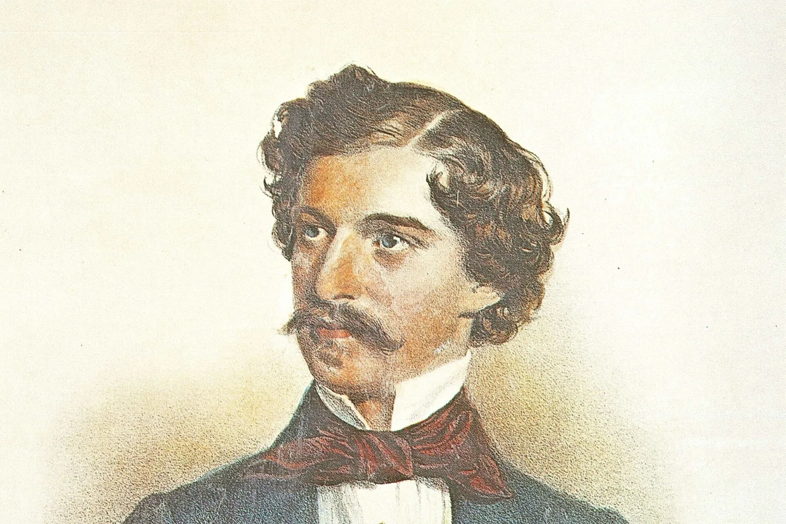 A coloured lithograph of a young man with wavy dark hair and a moustache, in a blue coat with a red cravat, Johann Strauss II in 1853